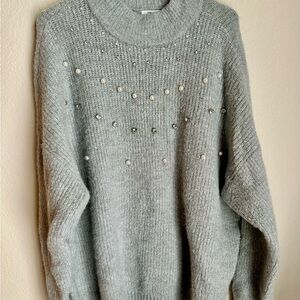 Gray Women's Sweater with Embellishments (faux pearl and rhinestone)